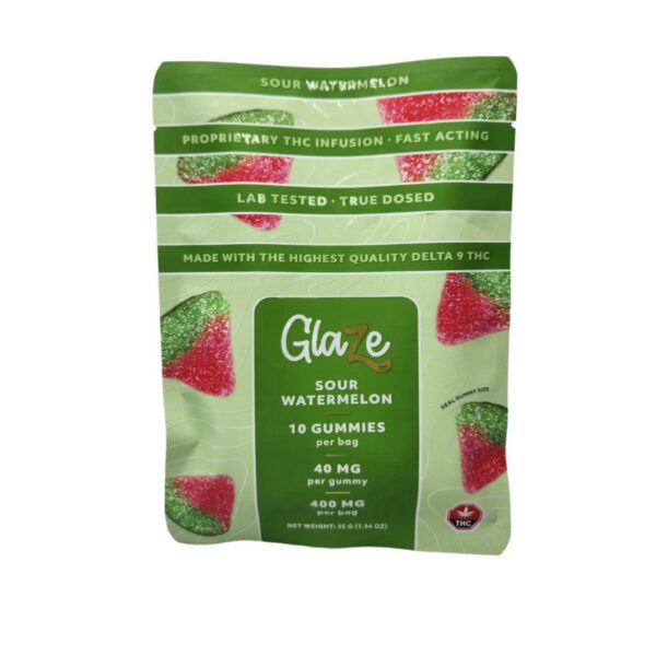 Glaze THC Sour Gummy Edibles – 5 Fruit Flavors 400mg THC (10pcs x 40mg)